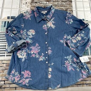 NWT Women’s Croft & Barrow Blue & Pint Floral Print Button Down Shirt (PXL) GE16